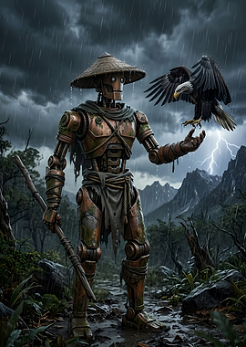 Robot with Eagle in Stormy Landscape