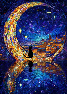 Black Cat on Crescent Moon Over City