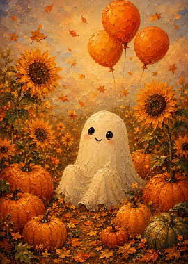 Cute Ghost with Pumpkins and Sunflowers