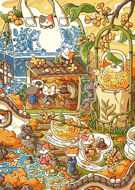 Cute Cats Enjoying Tea in a Garden