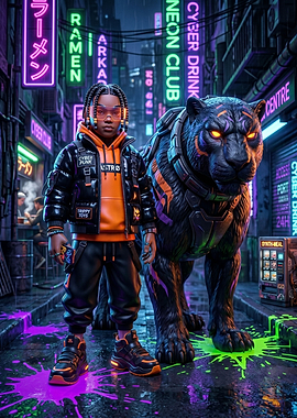 Cyberpunk Kid with Panther Companion