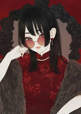 Anime Girl in Red Cheongsam with Fur