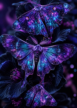 Galaxy Moths on Dark Flowers