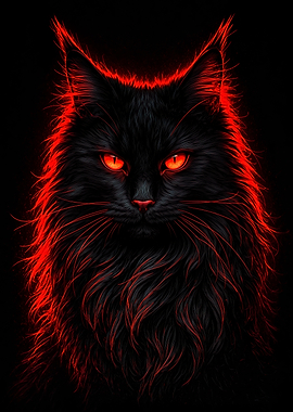 Black Maine Coon Cat with Glowing Red Eyes