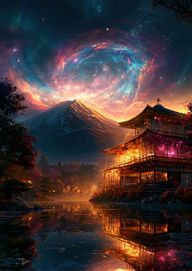 Enchanted Japanese Temple Under Cosmic Sky
