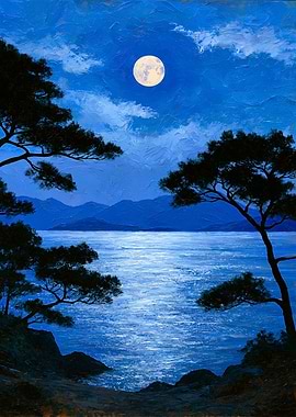 Moonlit Seascape with Pine Trees