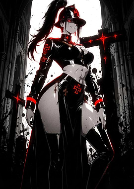 Gothic Anime Nun with Red Crosses
