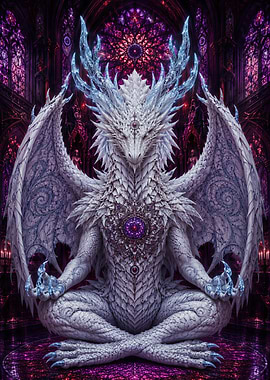 Meditating White Dragon in Gothic Cathedral