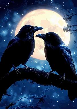 Two Ravens on a Branch Under the Moon