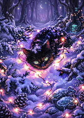 Black Cat in Snowy Forest with Lights