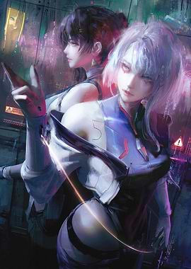 Cyberpunk women in futuristic city