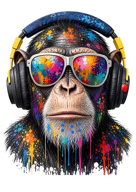 Chimpanzee DJ with Colorful Paint Splatter