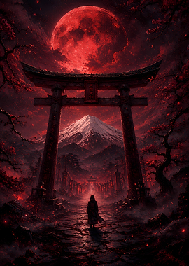 Mysterious Figure Under Red Moon