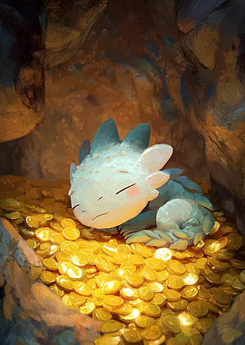Baby Dragon Sleeping on Gold Coins