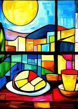 Stained Glass Breakfast Scene