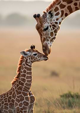 Mother and baby giraffe nuzzle