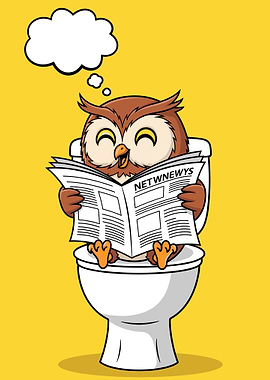 Owl reading newspaper on toilet