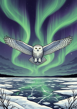 Snowy Owl Flying Under Aurora Borealis