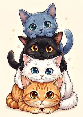 Stack of Cute Cartoon Cats Cats Stacked Poster — Cute Cat Wall Art