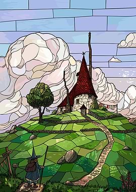 Wizard walking towards a whimsical cottage