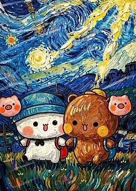 Cute Characters in Starry Night Style
