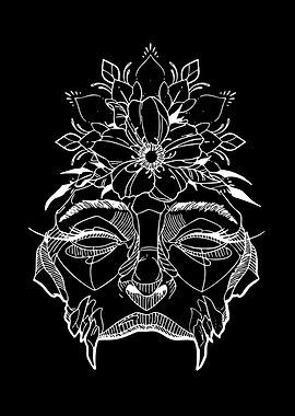 White Line Art Face with Flowers