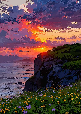 Dramatic Sunset Over Coastal Cliff