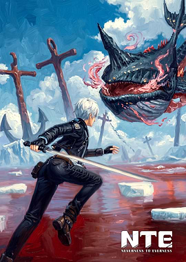 Anime character fighting a sea monster
