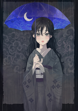 Girl with Umbrella in Rain