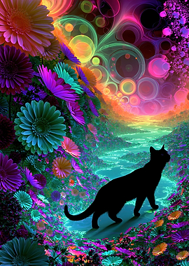 Black Cat in a Neon Floral Landscape