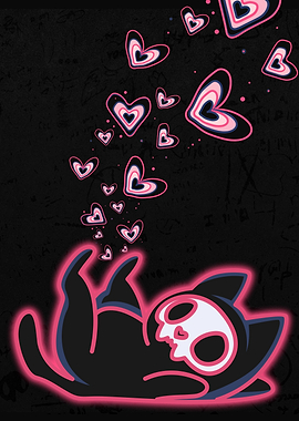 Cute Kicking Skull Cat with Hearts