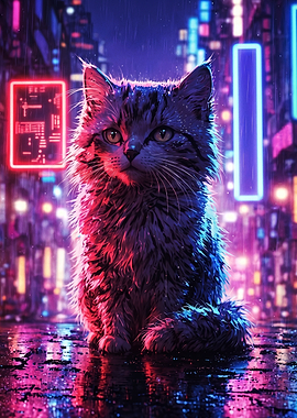 Cyberpunk Cat in Neon City