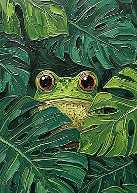 Frog Peeking Through Green Leaves