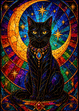 Stained Glass Black Cat with Moon