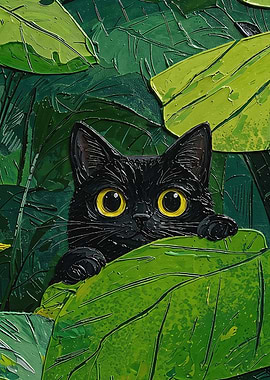 Black Cat Peeking Through Green Leaves