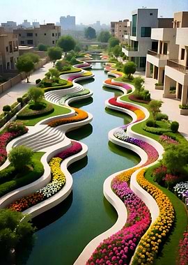 Winding Waterway with Colorful Flower Beds