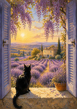 Black Cat in Lavender Field at Sunset