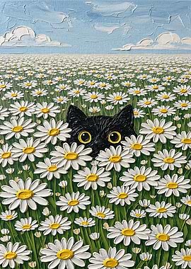 Black Cat Peeking Through Daisies