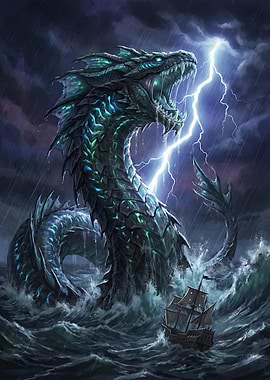Sea Serpent Attacks Ship During Storm