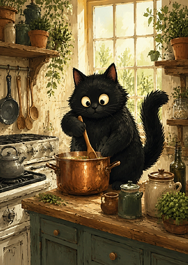 Black Cat Cooking in Kitchen