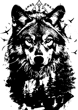 Wolf with Forest and Birds