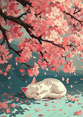 Cat Sleeping Under Cherry Blossoms