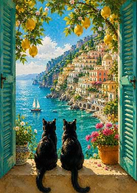 Cats admire Positano view