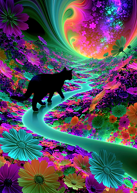 Black Cat in a Psychedelic Floral Landscape
