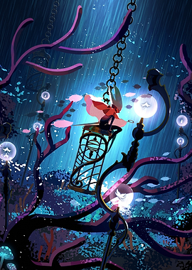 Character on a swing in a mystical underwater world