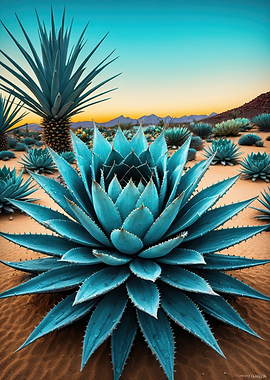 Turquoise Agave Desert at Sunset - Vibrant Succulent Landscape Print