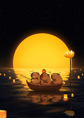 Capybaras Fishing Under a Giant Sun