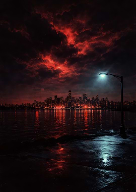 Dark Cityscape with Fiery Sky