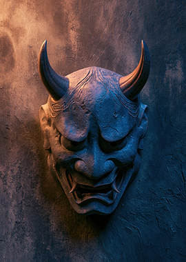Japanese Oni Mask on Textured Wall