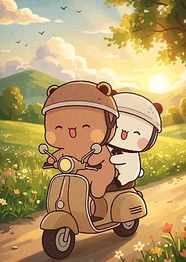 Cute bears riding a scooter at sunset